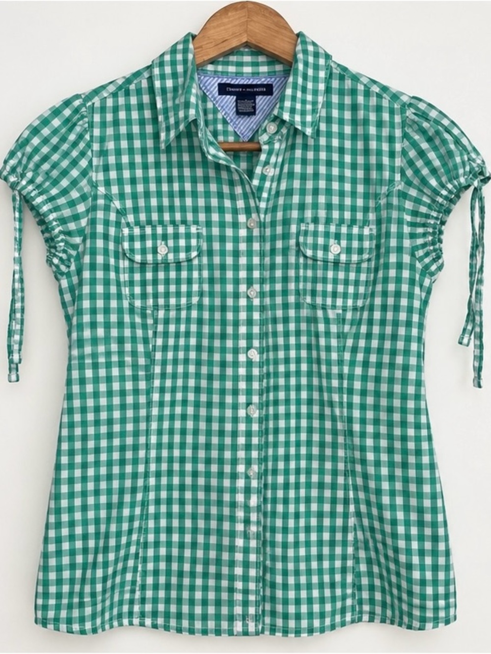 Tommy Hilfiger Green Gingham Ruched Sleeve Button-Up Top – Preppy Coastal